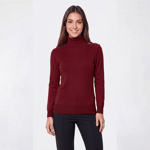 Womens Retrology Pull Over Zipper Shoulder Turtleneck Sweater